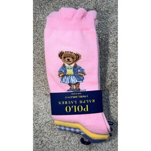 Polo Ralph Lauren Girls 3 Pack Crew Socks Pink Polo Bear Blue Gingham Size 9-11